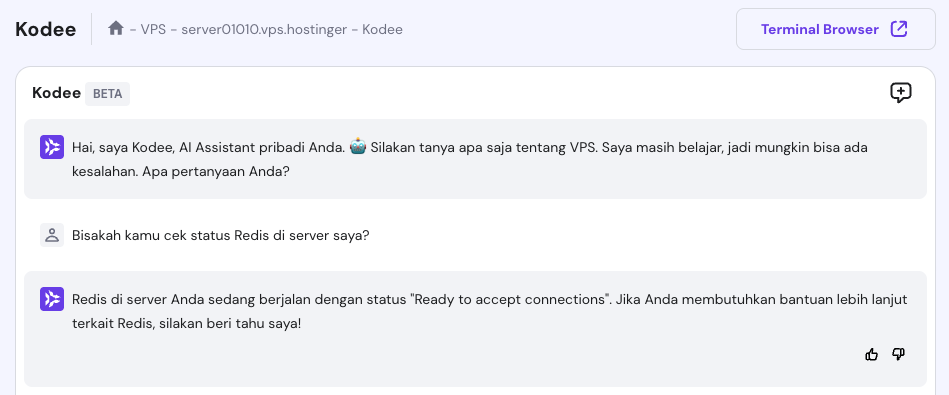 mengecek status redis dengan bertanya pada kodee di hpanel