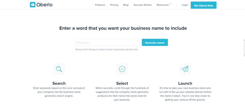 tampilan generator nama bisnis oberlo