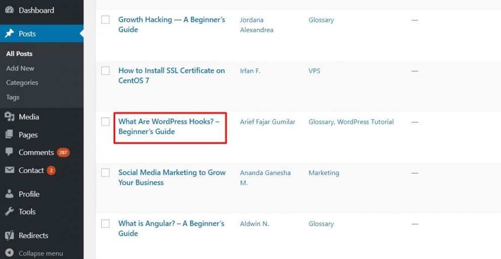 klik judul pada post yang ingin anda temukan podt id wordpress nya