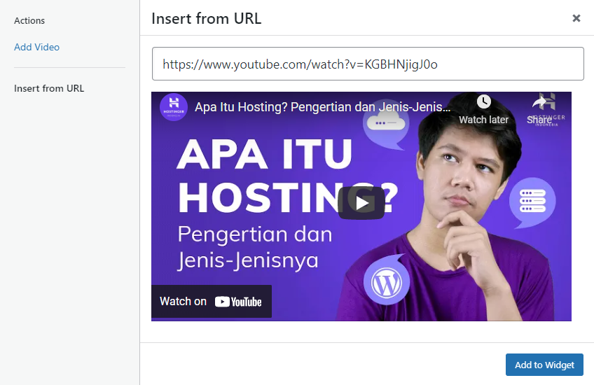 Memasukkan video melalui widget
