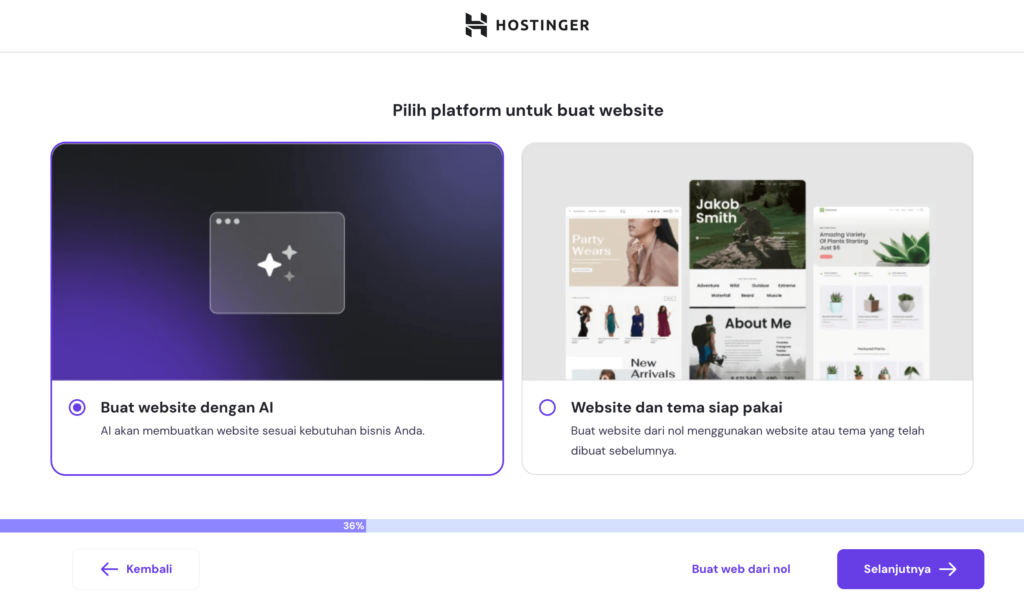 bagian metode pembuatan website di onboarding hostinger