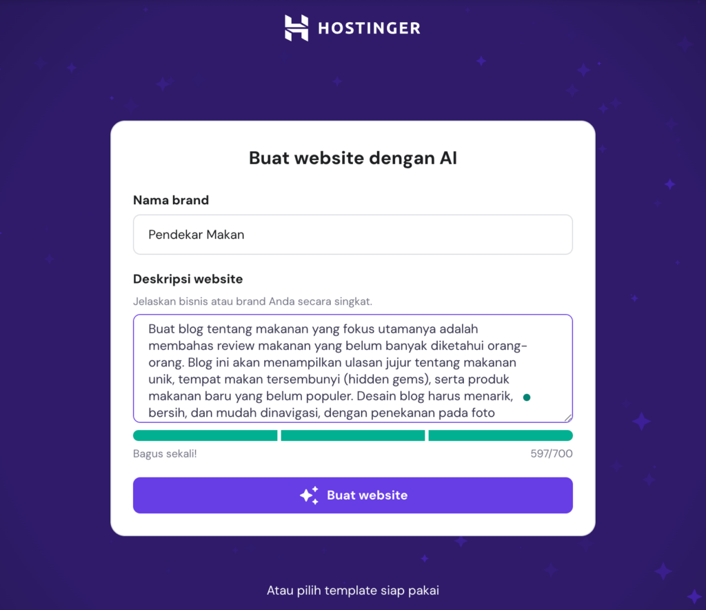 contoh prompt website builder hostinger untuk membuat blog tentang makanan