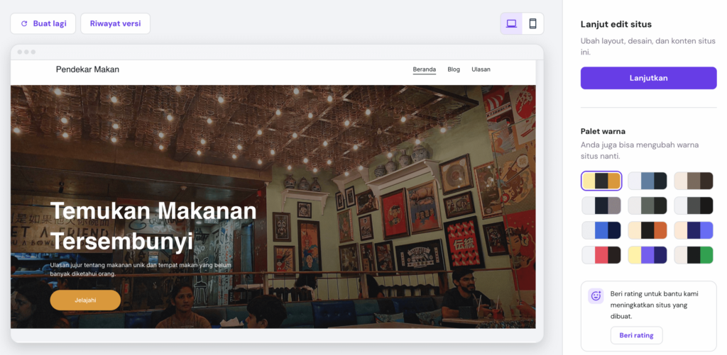 desain awal blog makanan yang dihasilkan oleh website builder hostinger