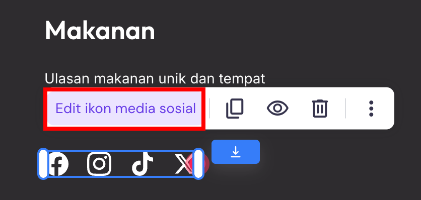 mengedit bagian ikon media sosial di website builder