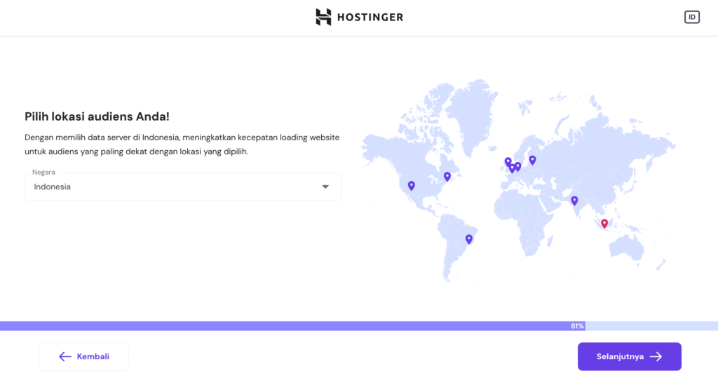 bagian onboarding hostinger untuk memilih lokasi pusat data dengan indonesia yang dipilih
