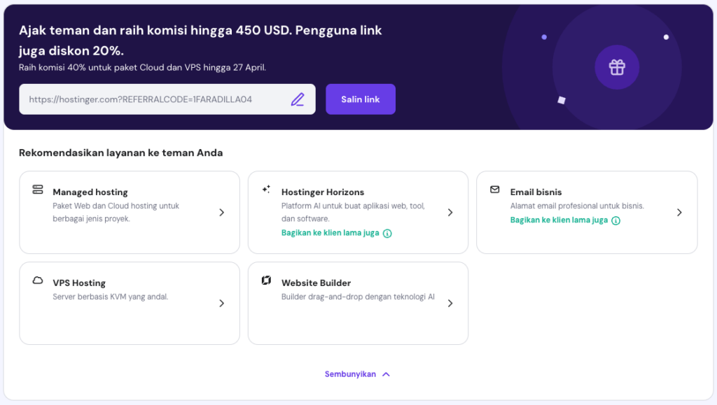 tampilan program referral hostinger di hpanel