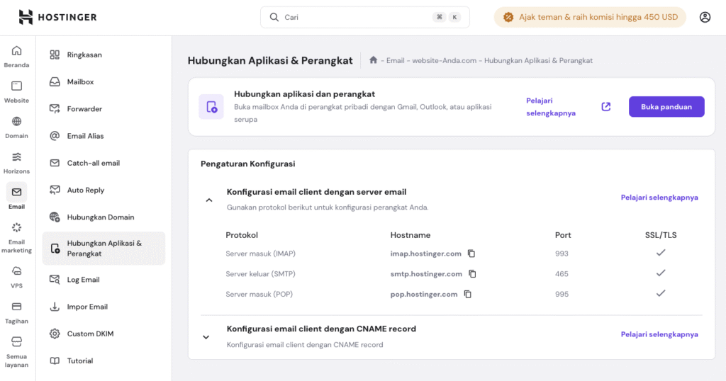 opsi hubungkan aplikasi dan perangkat di menu email hpanel