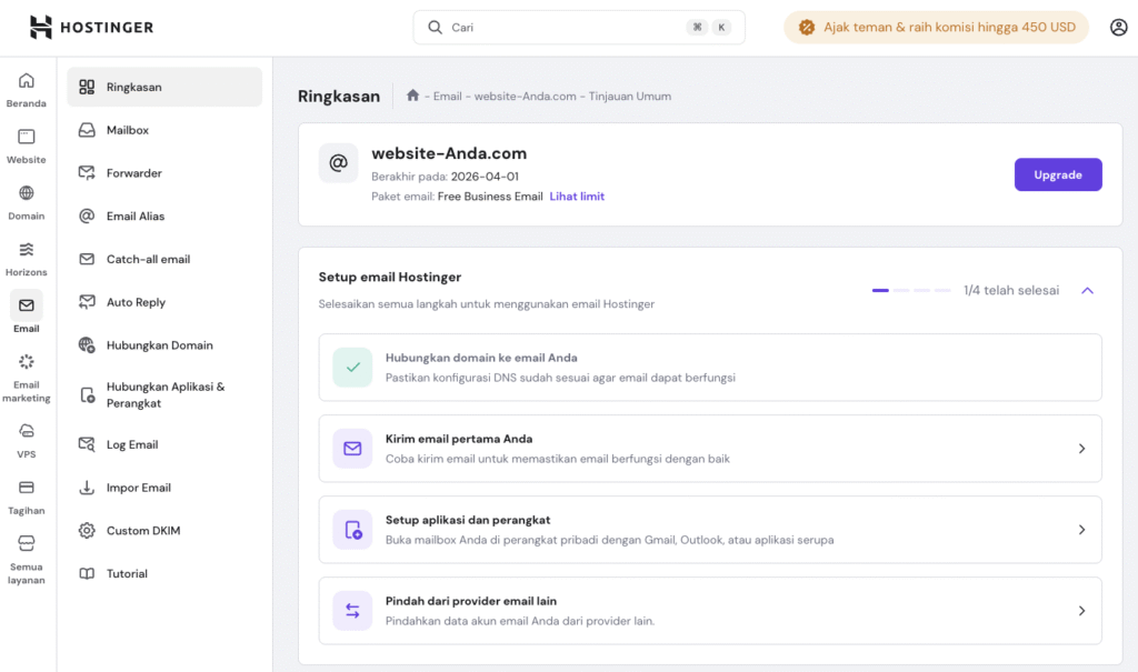 Halaman ringkasan email di hPanel menampilkan tips optimasi email bisnis