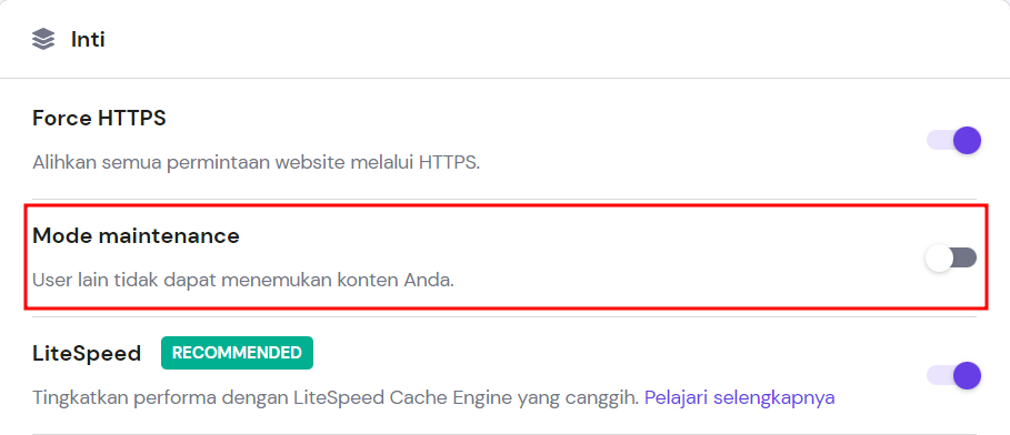 tampilan bagian inti di hpanel dengan opsi Mode maintenance yang dipilih