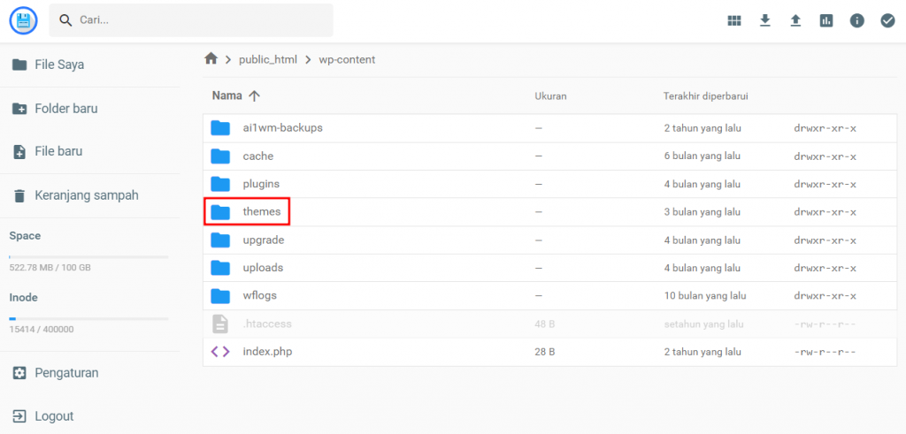 Folder Themes pada file manager Hostinger