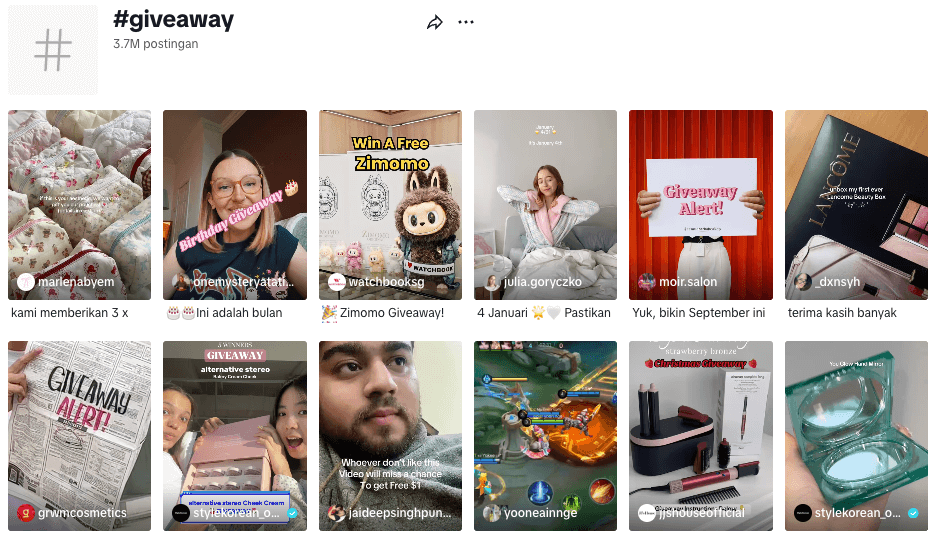 tampilan halaman hashtag giveaway di tiktok