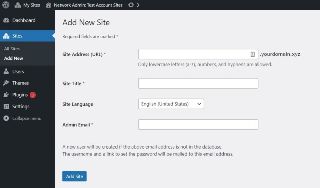 menambahkan situs baru untuk multisite di wordpress