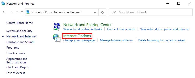 internet options di control panel