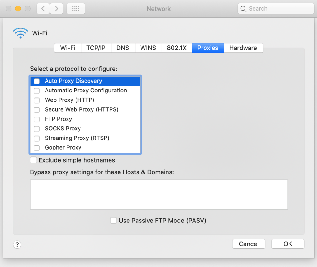 menonaktifkan proxy di macos