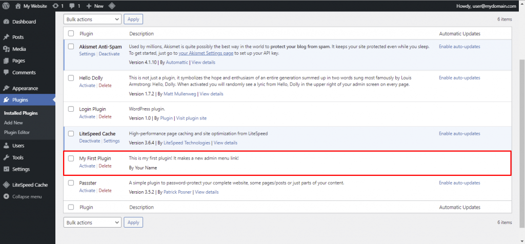 plugin dashboard WordPress