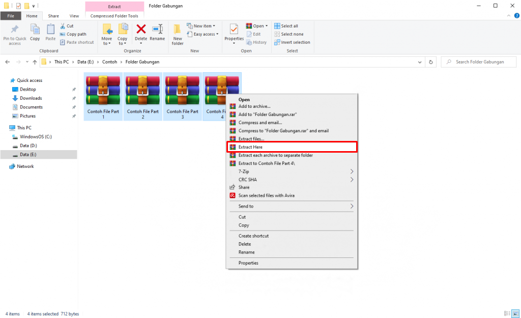 extract here menggunakan winrar