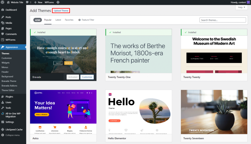 memilih tombol upload theme untuk mengunggah tema baru wordpress