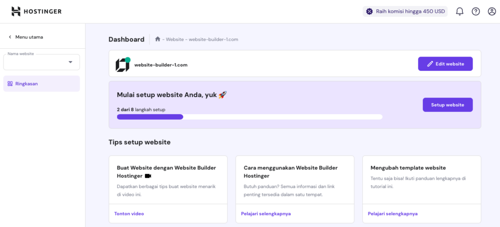 tampilan dashboard website builder