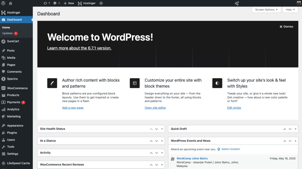 dashboard admin area wordpress
