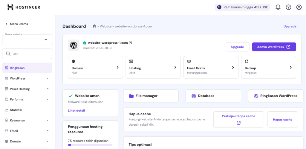 tampilan dashboard wordpress hpanel