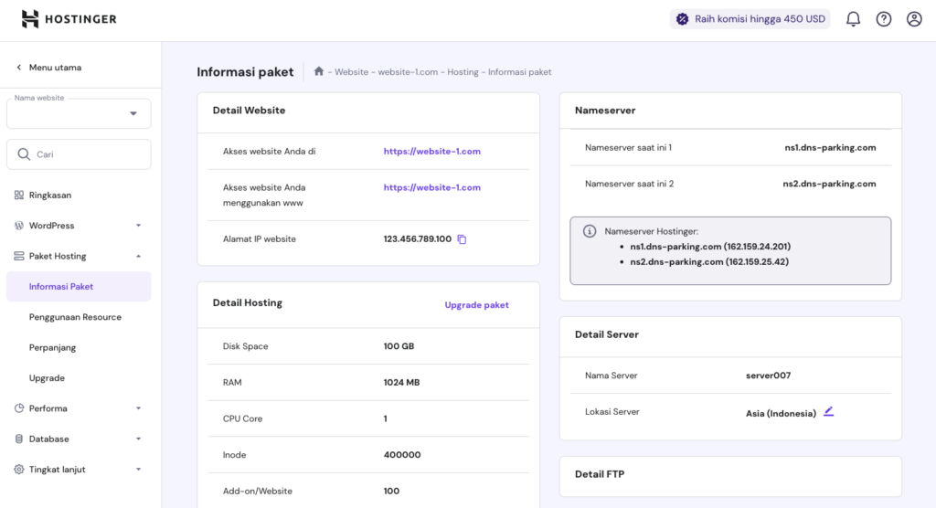 tampilan informasi paket hpanel