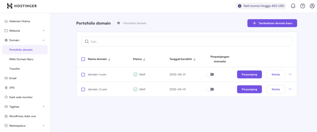 tampilan halaman portofolio domain hpanel