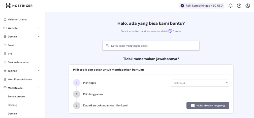 tampilan halaman bantuan hpanel