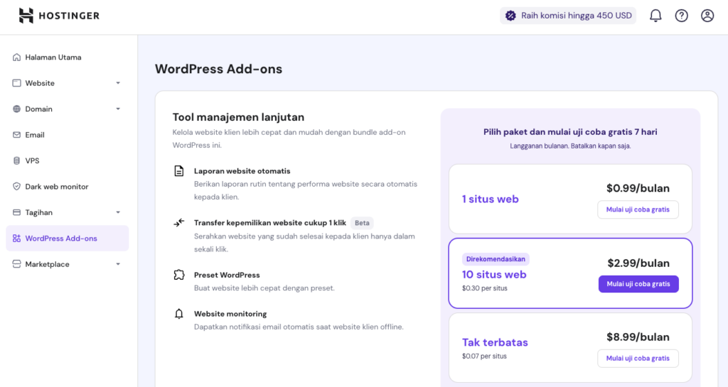 tampilan menu wordpress add-on hpanel