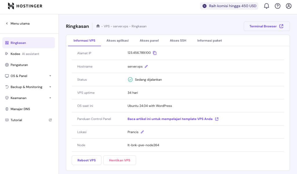 tampilan ringkasan vps hpanel