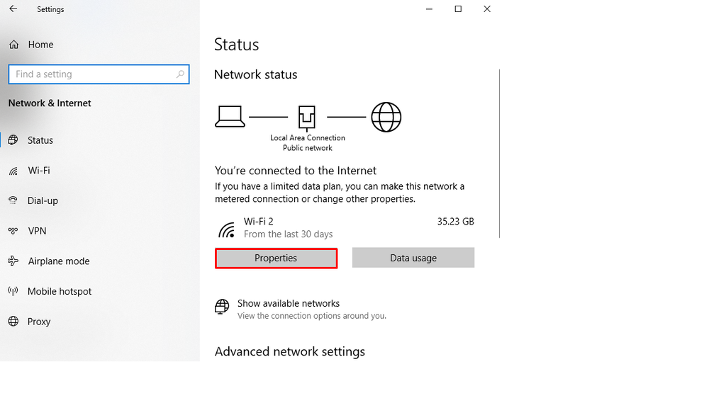 menu network status di windows