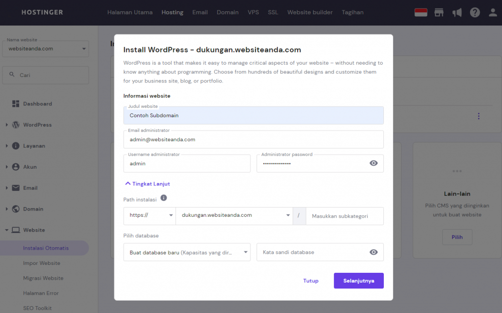 contoh cara membuat sub domain