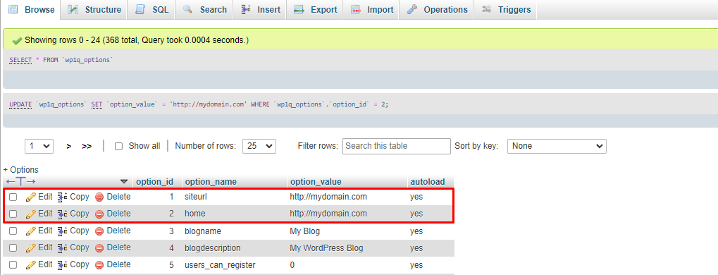 home dan siteurl phpmyadmin