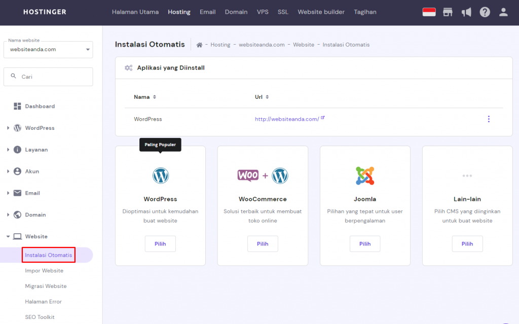instalasi otomatis di hpanel hostinger