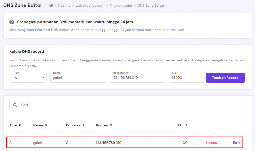 membuat sub domain di dns zone editor