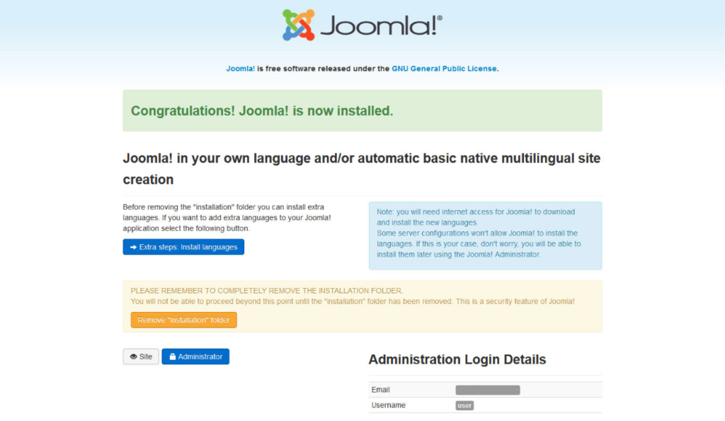 Joomla berhasil diinstal