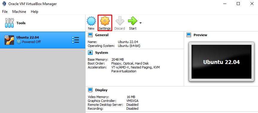 tombol pengaturan VirtualBox