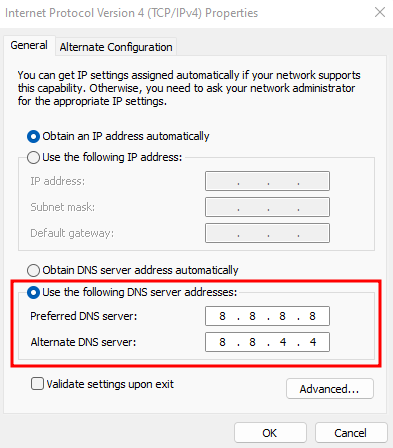 opsi alamat dns server