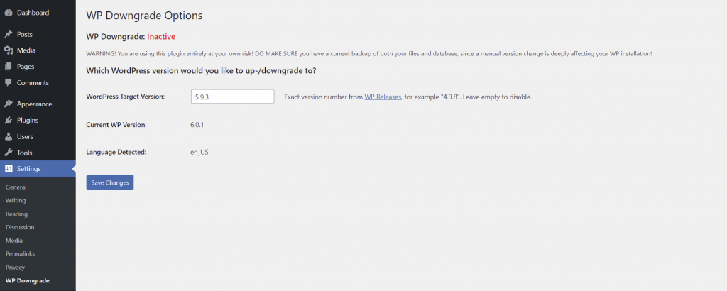 antarmuka plugin wp downgrade