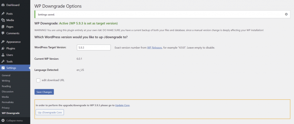 antarmuka wp downgrade setelah aktif