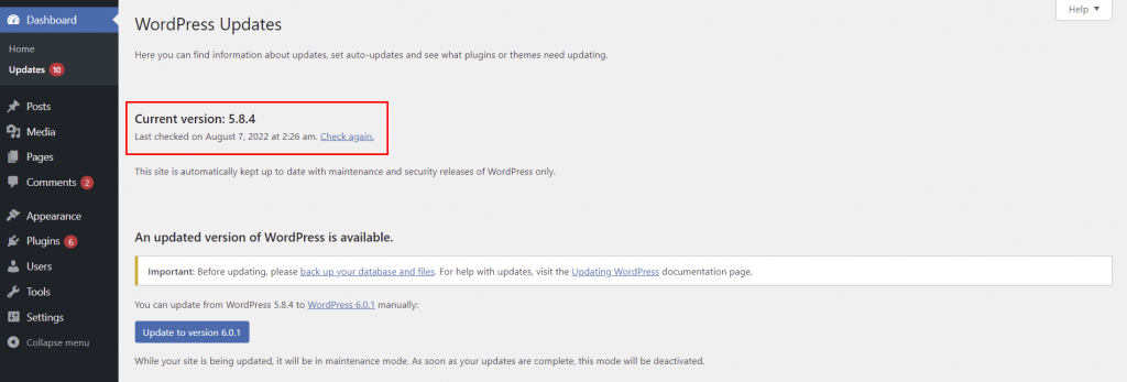 mengecek versi wordpress setelah memulihkan cadangan