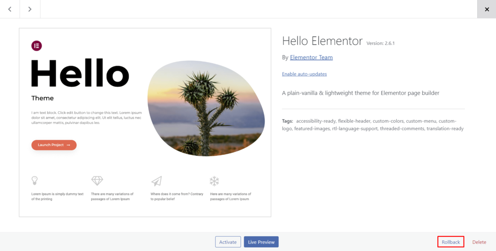 tombol rollback di detail tema untuk mengembalikan ke sebelumnya