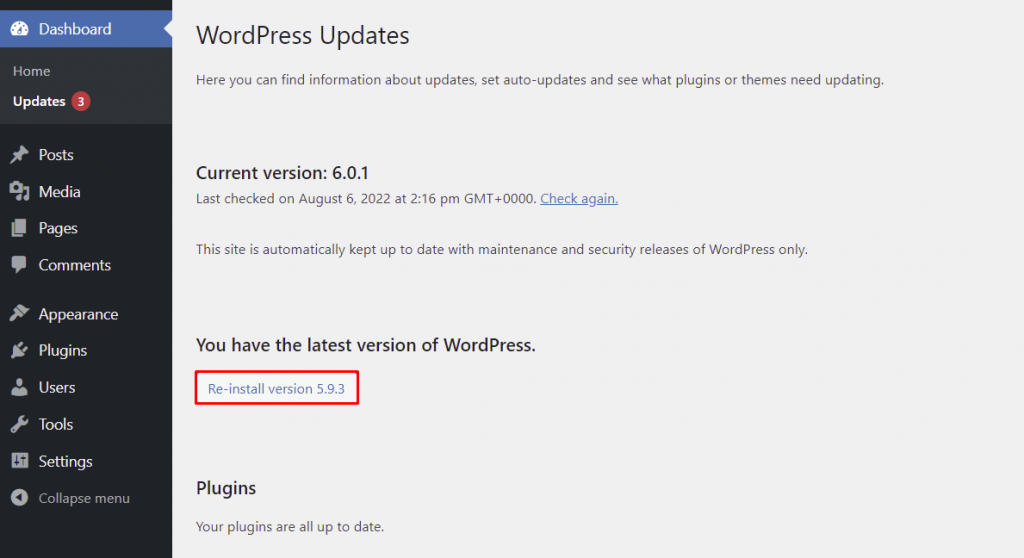 wordpress mengenali versi lama berkat wp downgrade