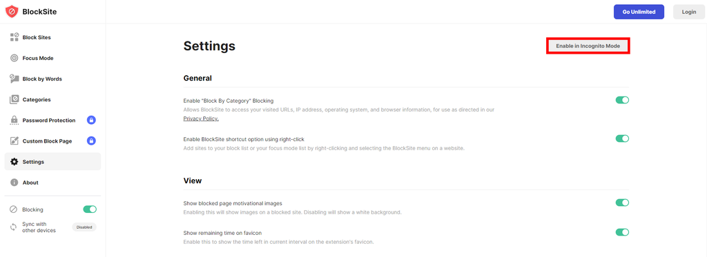 cara mengaktifkan BlockSite dalam mode incognito