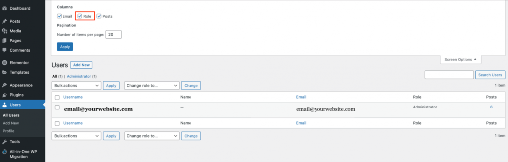 Tanda centang untuk Role pada WordPress