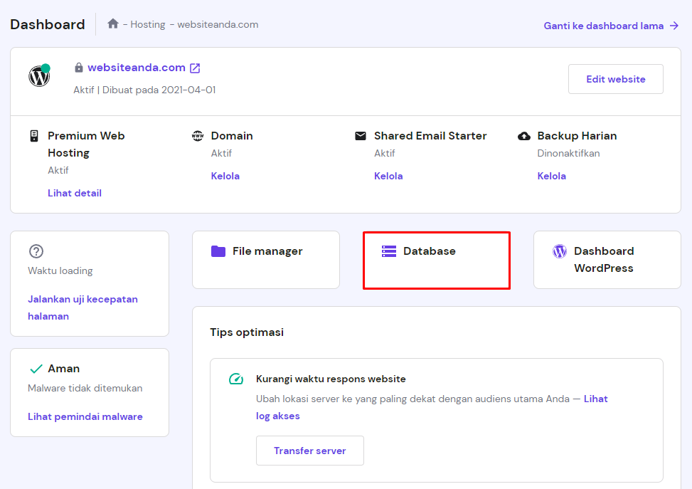 menu database di dashboard hpanel baru