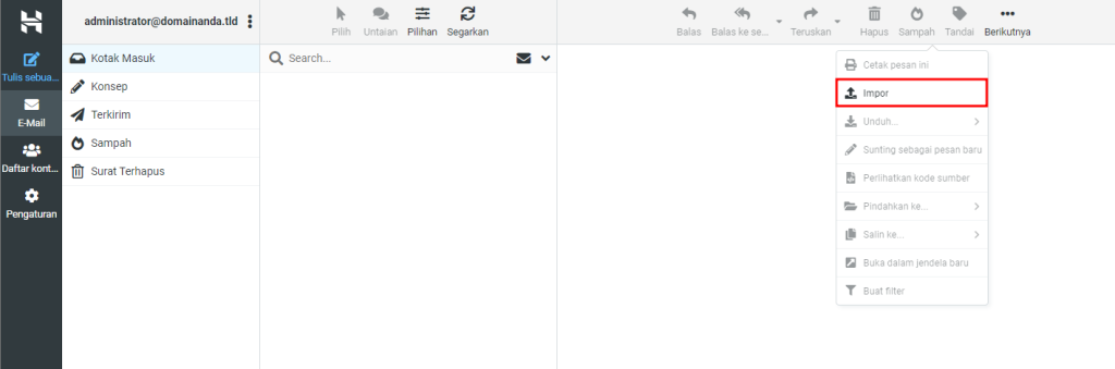 memilih impor di webmail hostinger untuk memindahkan email