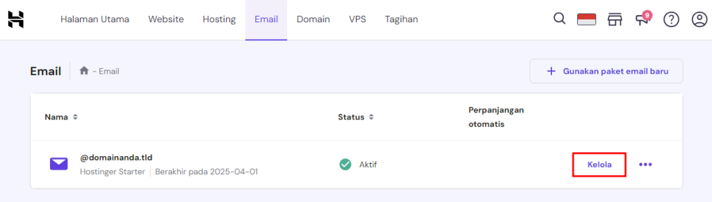memilih kelola di samping email di hpanel