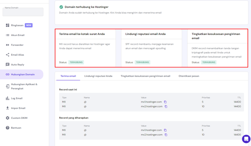 mengecek dns record di hpanel untuk memindahkan email