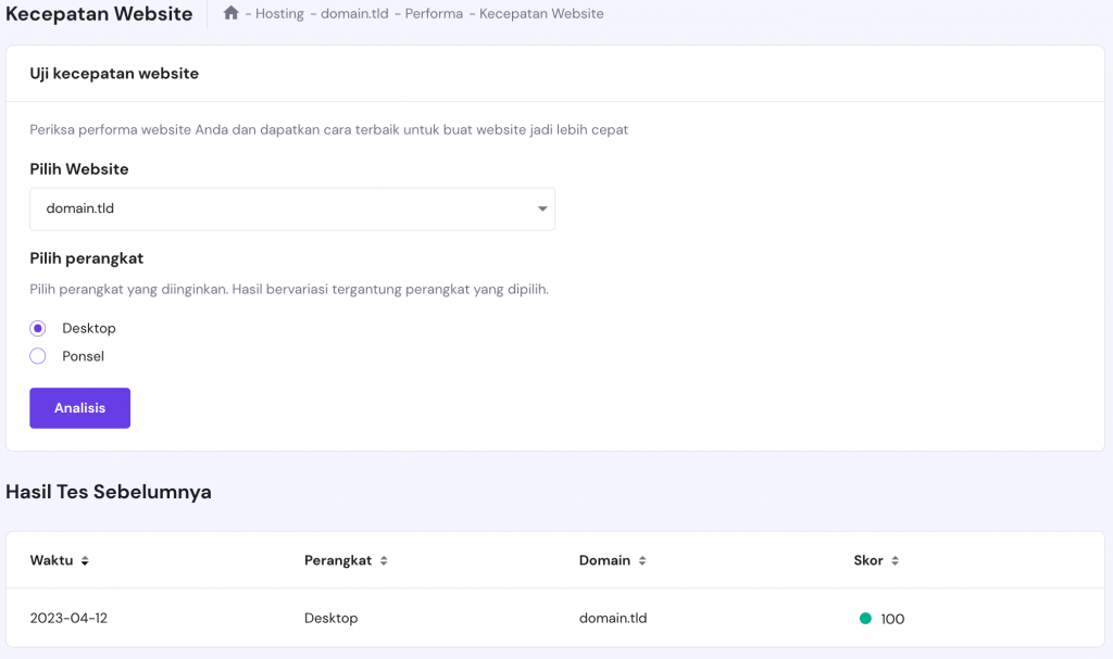Halaman Page Speed pada hPanel.