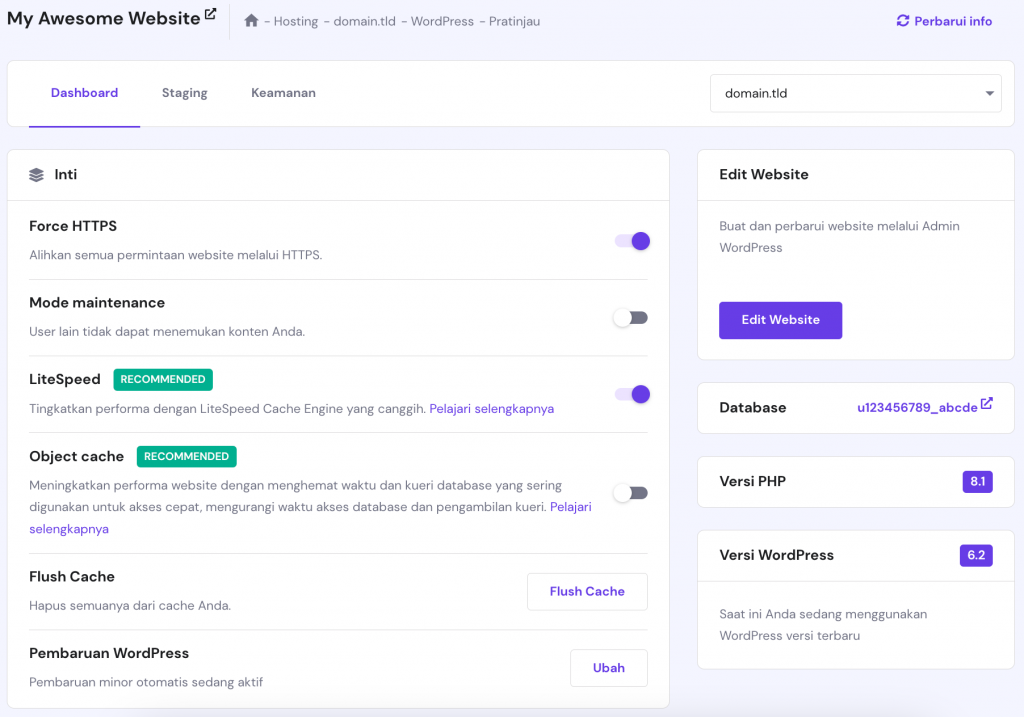 Halaman ikhtisar WordPress pada hPanel